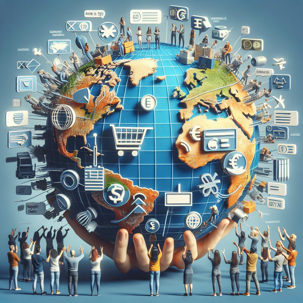 Illustration showing website localization for an ecommerce store using multiple languages, currencies, and regional settings.