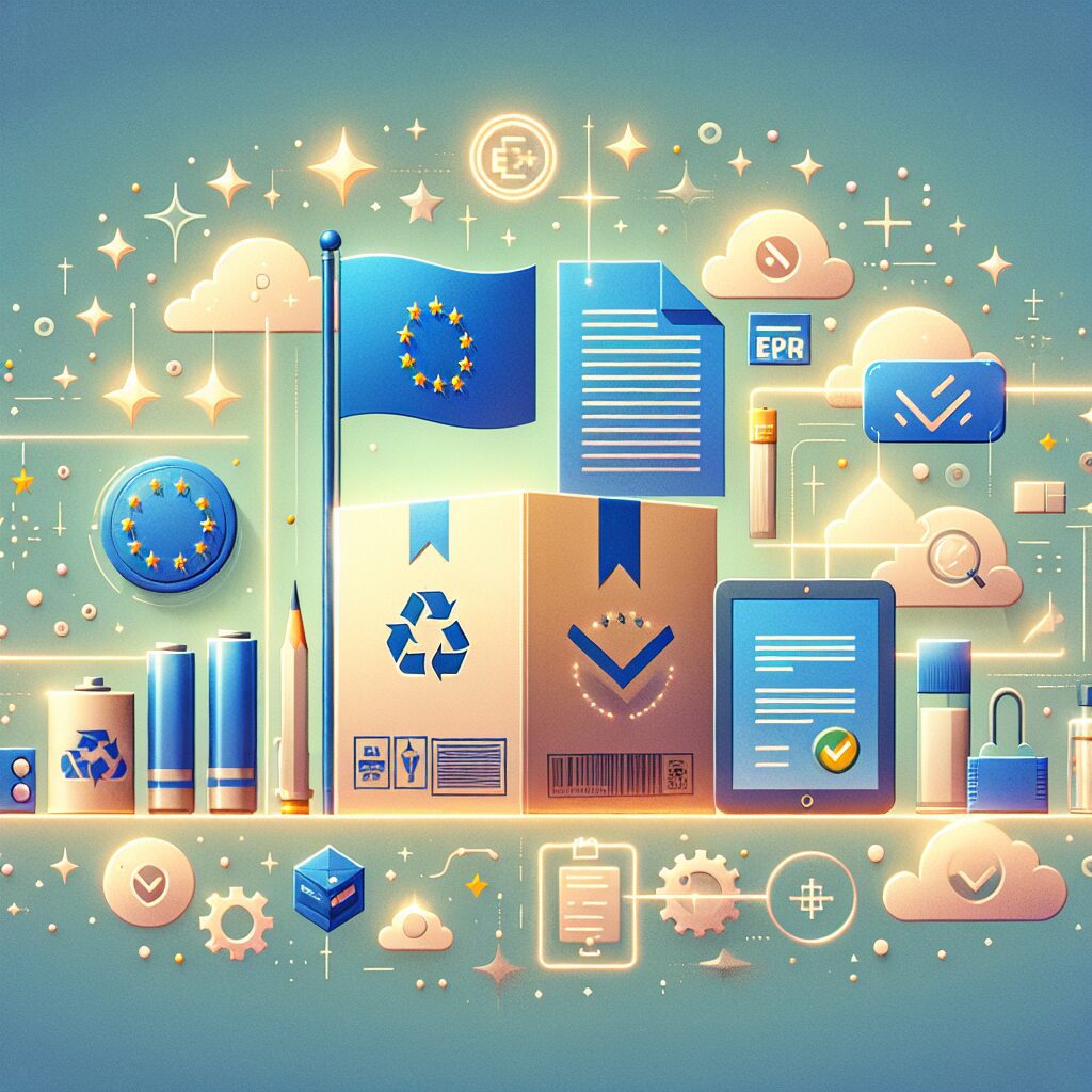 Illustration of EU product compliance symbols like batteries, RoHS checkmarks and Amazon listings in professional icon style.