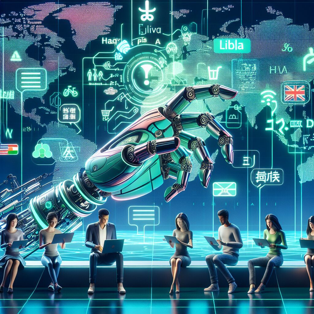 Robotic arm automating multilingual website cloning for online stores with international language flags and digital UI.