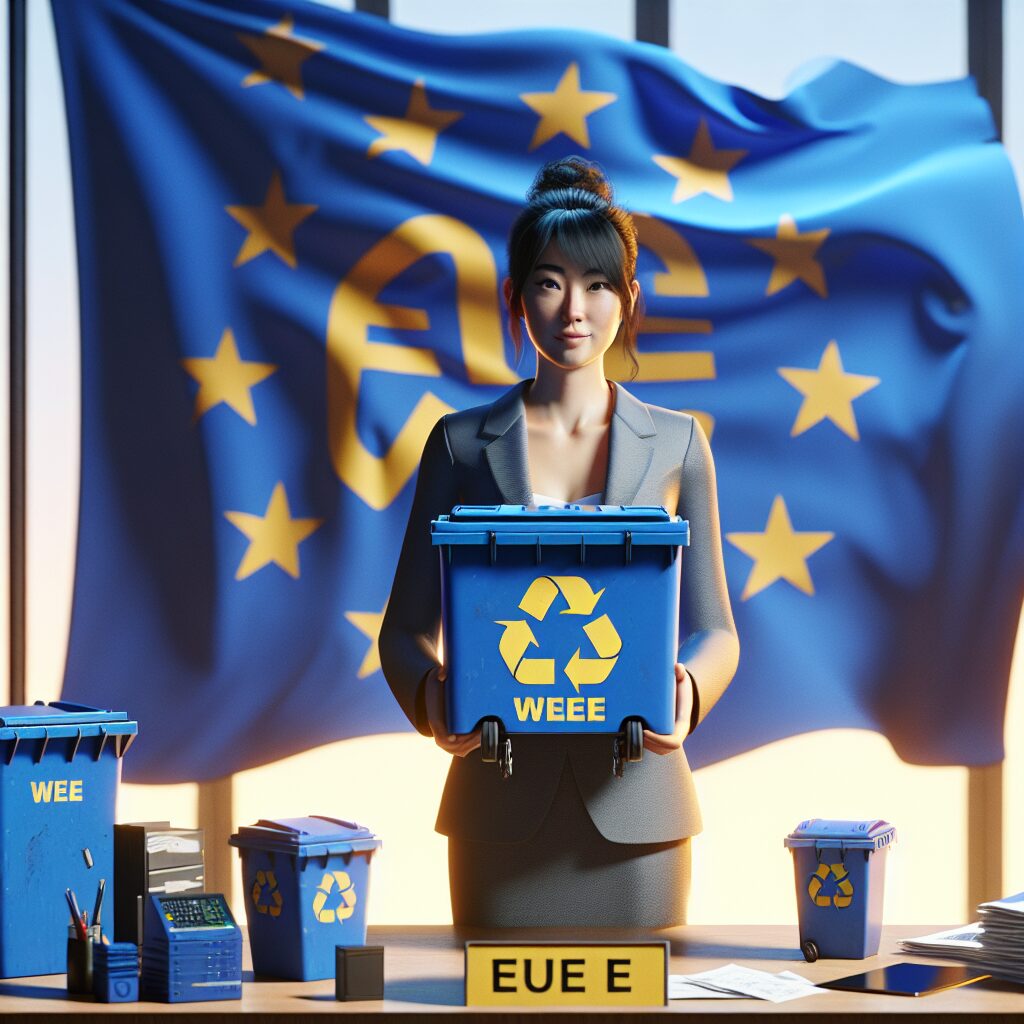 EU-focused illustration showing WEEE compliance responsibilities for electronic producers, with recycling icons and EU flag in the background.