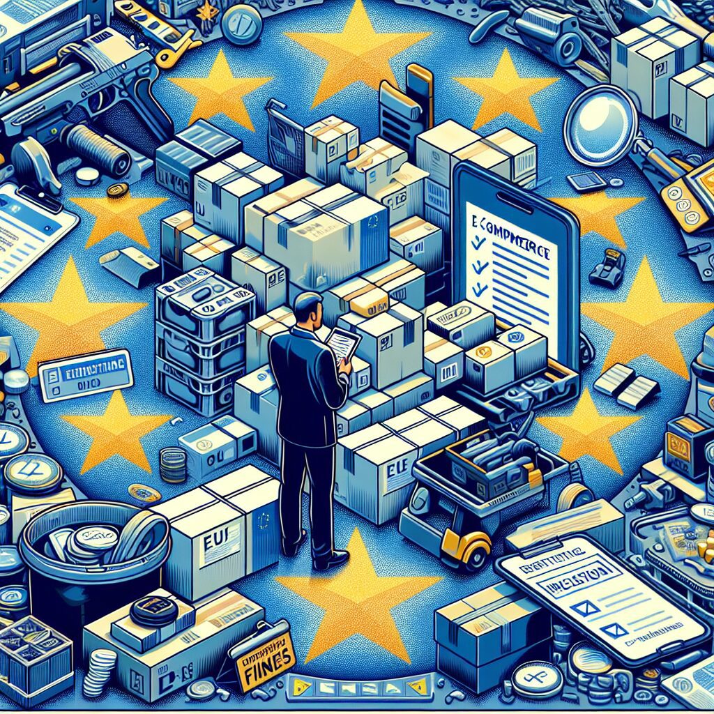 Illustration showing EU EPR compliance with packaging, electronics, and warning signs to help e-commerce sellers avoid fines.