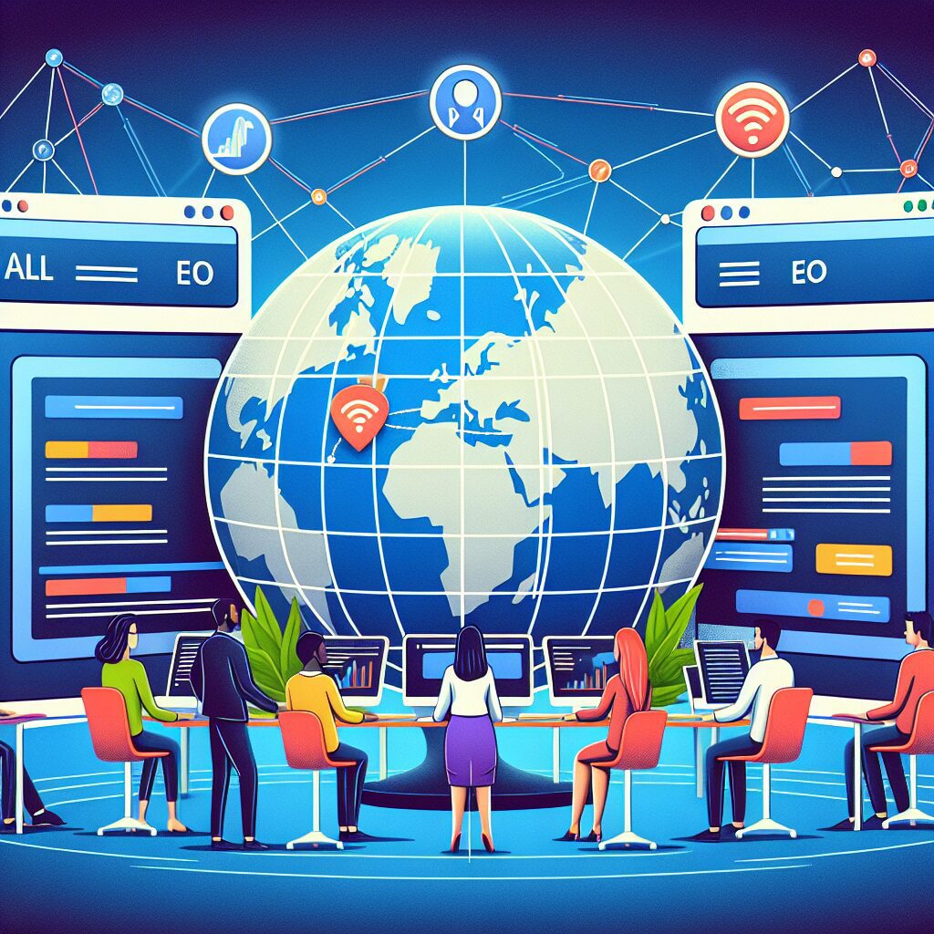 Split dashboard image of All In One SEO and Yoast SEO atop a globe, showcasing multilingual SEO for global brands