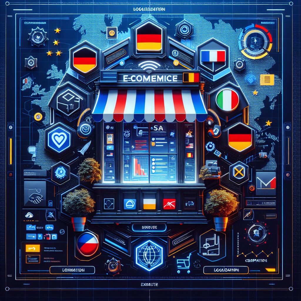 Sell in France guide storefront showing digital EU map with localized language and compliance icons for France, Germany, and Italy.