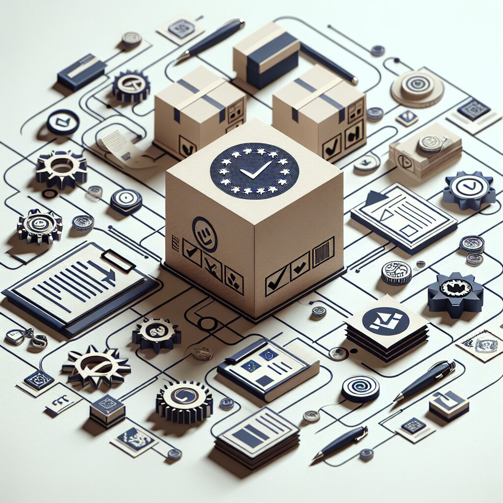 Illustration showing Amazon product packaging with digital EPR compliance icons for UK and EU regulations in 2025.