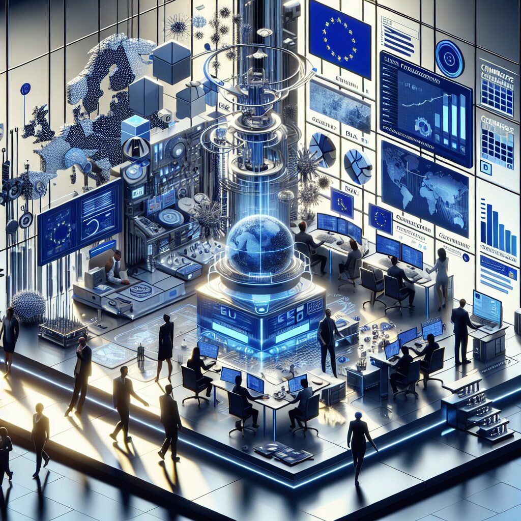 EU compliance software dashboard visual showing European e-commerce product management, AI tools, and real-time legal updates.
