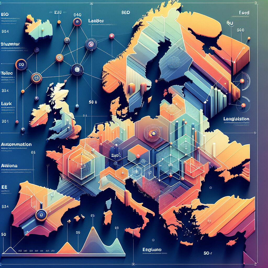 Visual representation of Post-Brexit SEO strategies showing UK and EU markets with automation and localization icons.