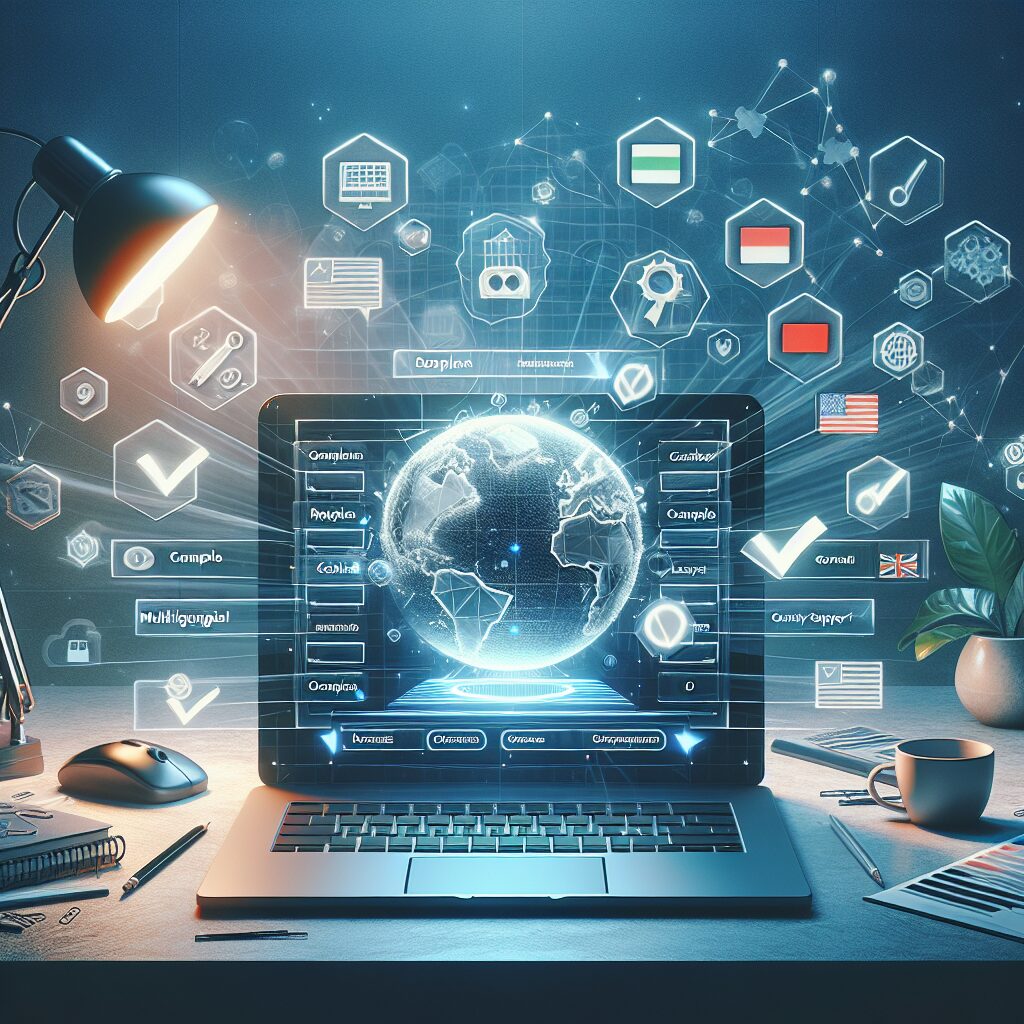 Laptop screen comparing website cloning software with compliance checkmarks and global language icons, ideal for cross-border site duplication.