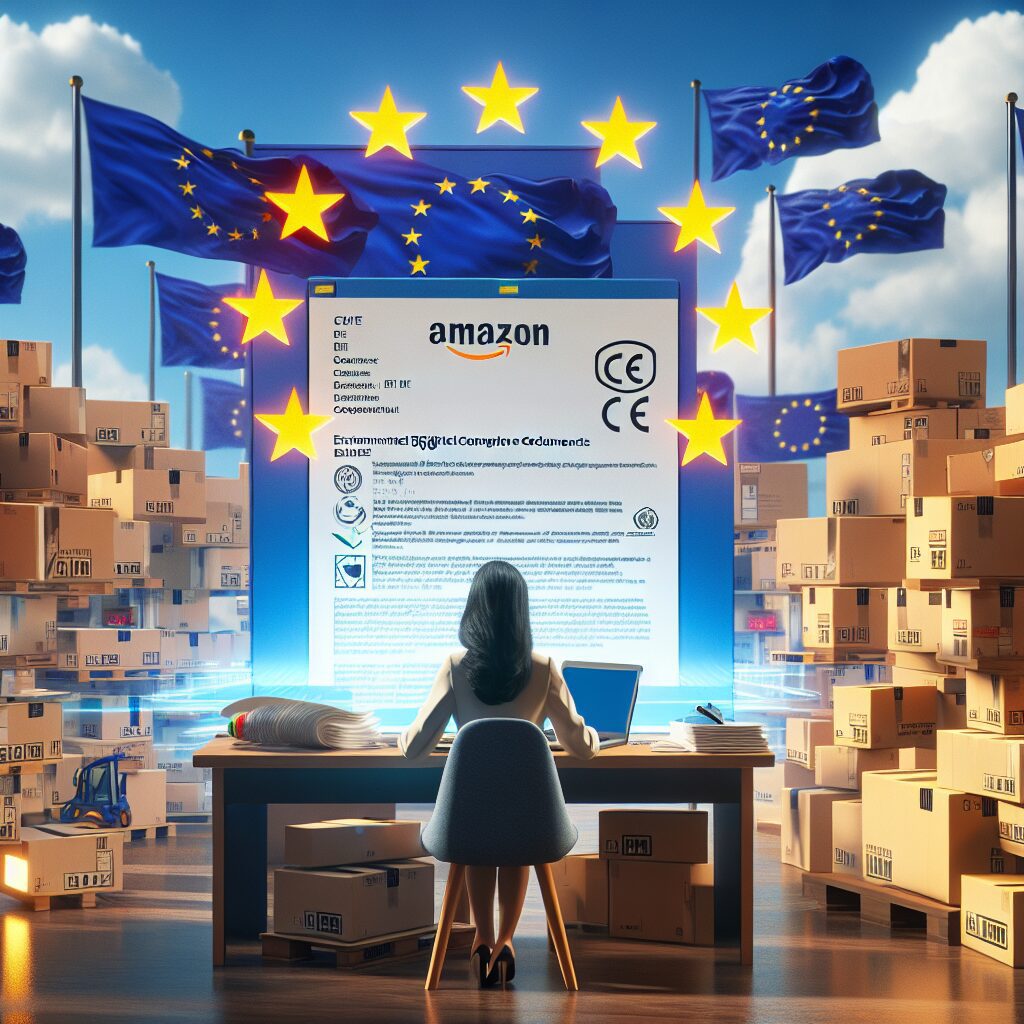 Amazon EU compliance visual showing CE documentation, product safety files, and EPR registration in EU selling context