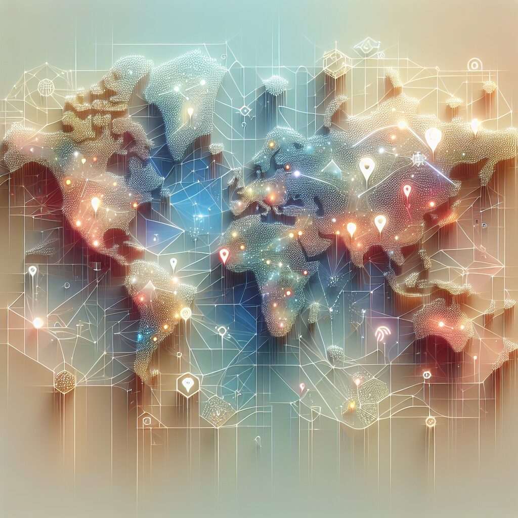 A digital world map showing language markers and networks across borders, highlighting multilingual SEO and AI-driven localization benefits.