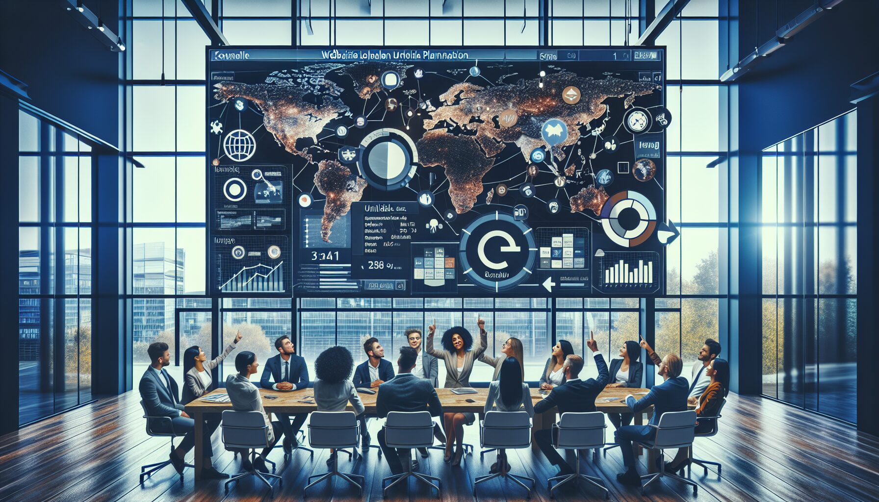 Team reviewing multilingual website localisation strategy for EU market with dashboards and regional content planning.