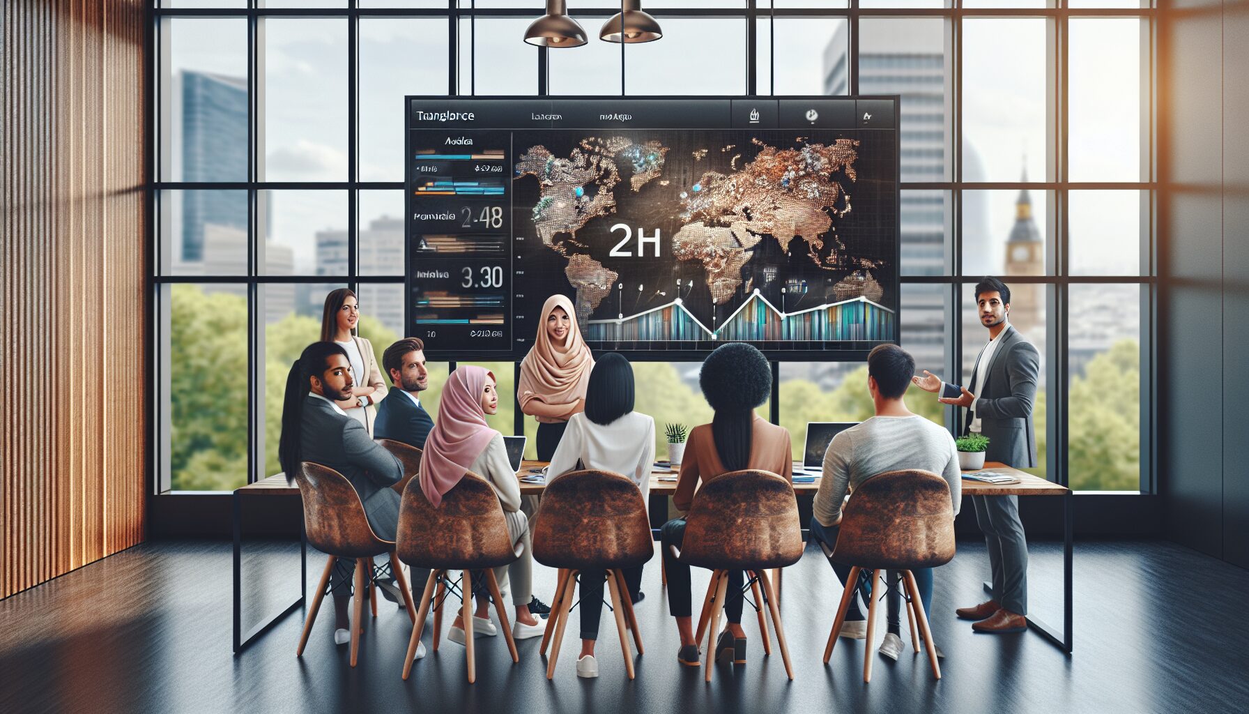 Tech team analyzing multilingual site performance via an international dashboard with EU expansion data.