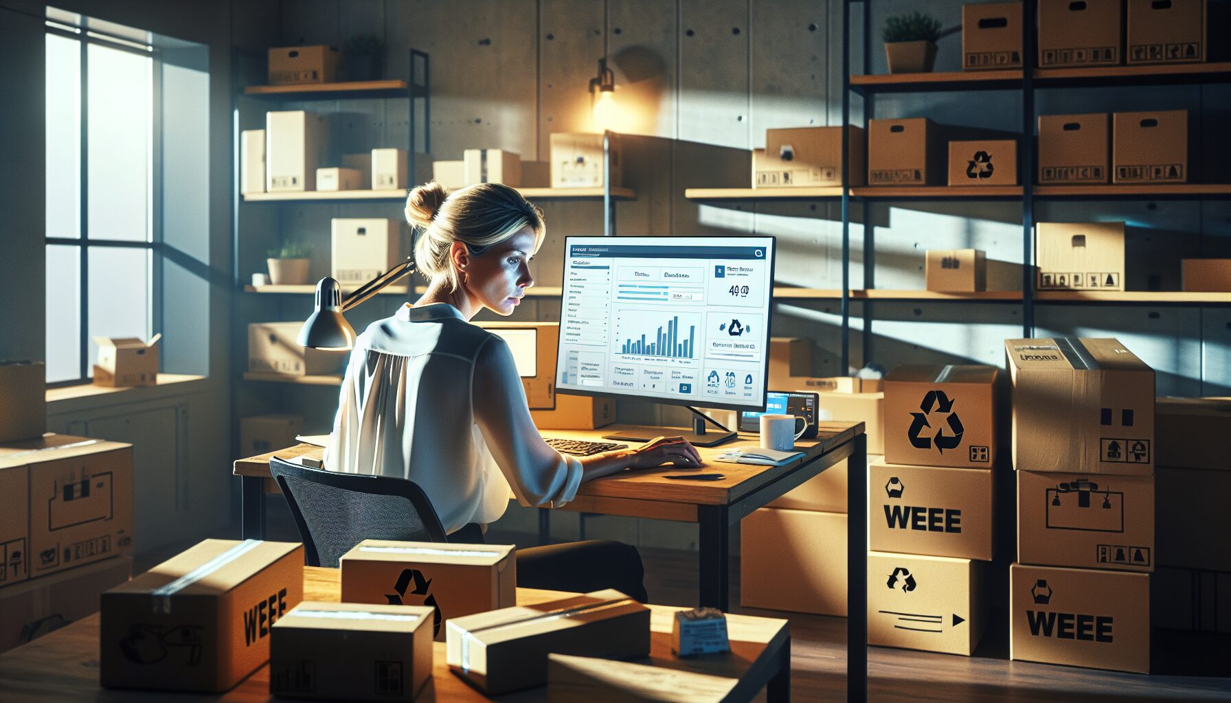 A compliance officer checking WEEE and packaging regulations on a digital dashboard surrounded by electronic products and packaging.