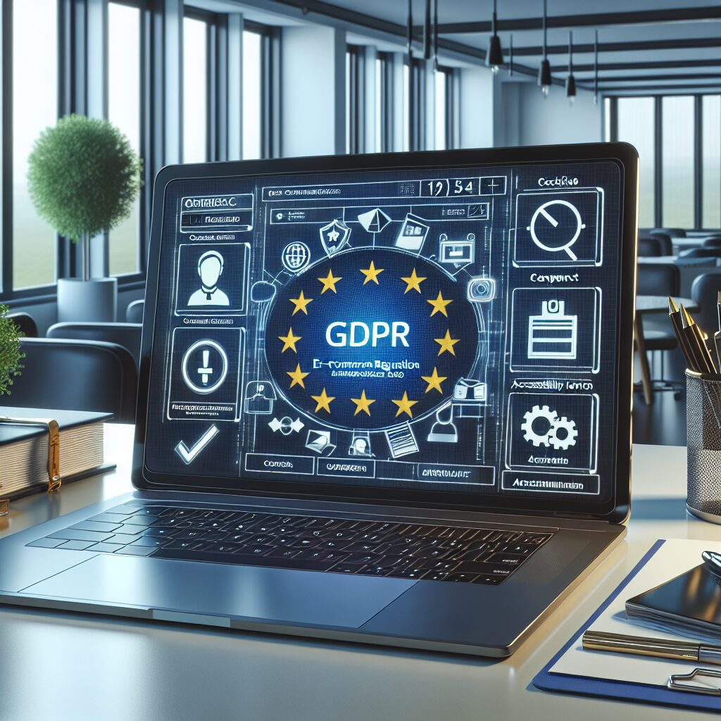 E-commerce interface showing EU compliance solutions like GDPR icons, cookie consent, and legal regulations checklist.