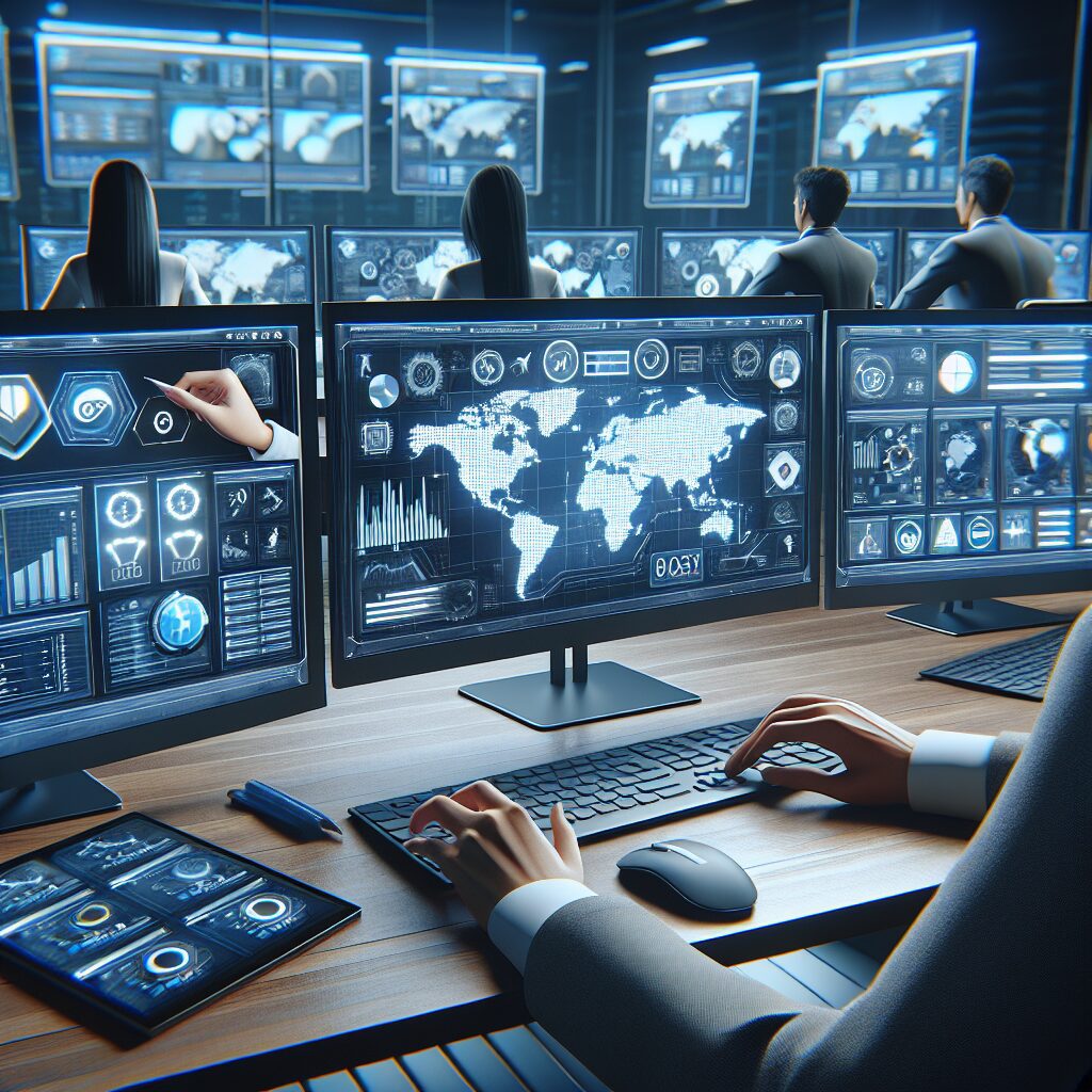 A modern workspace displaying multilingual websites and SEO dashboards across monitors, representing an integrated SEO tech stack.