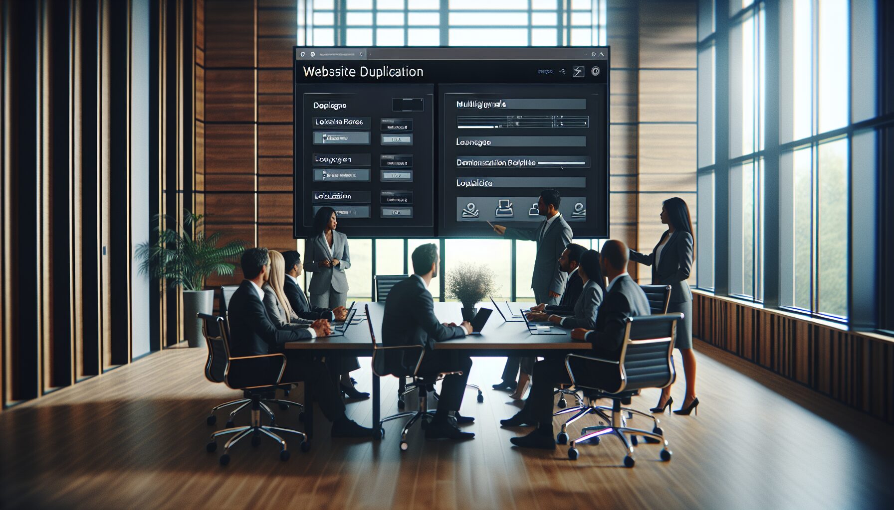 Team preparing for a website cloning demo, reviewing localization tools on a shared screen interface.