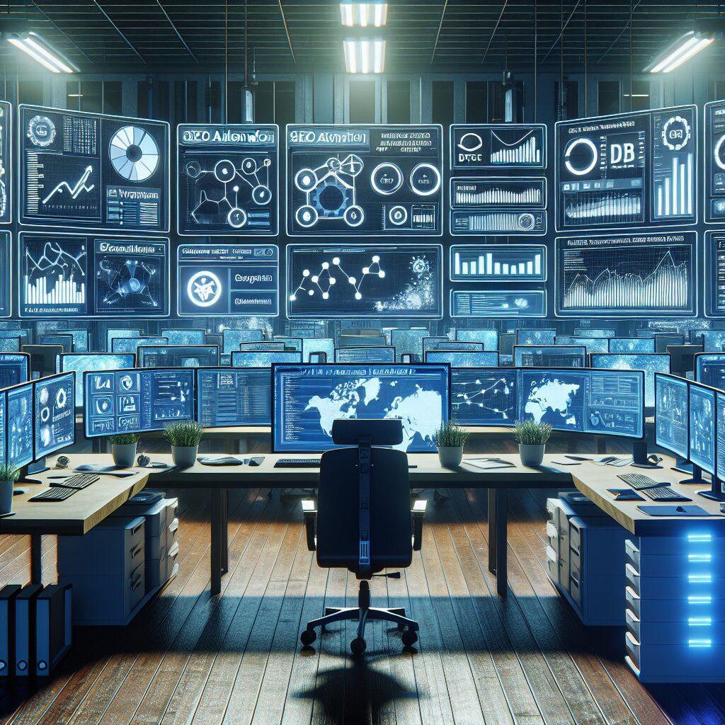 Modern workspace showing multiple screens with SEO automation platforms in action for DTC brands in multiple languages.