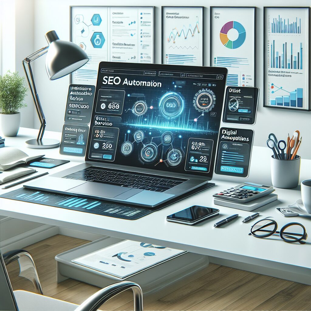 Interactive SEO automation quote builder open on a laptop, surrounded by charts and office setup.