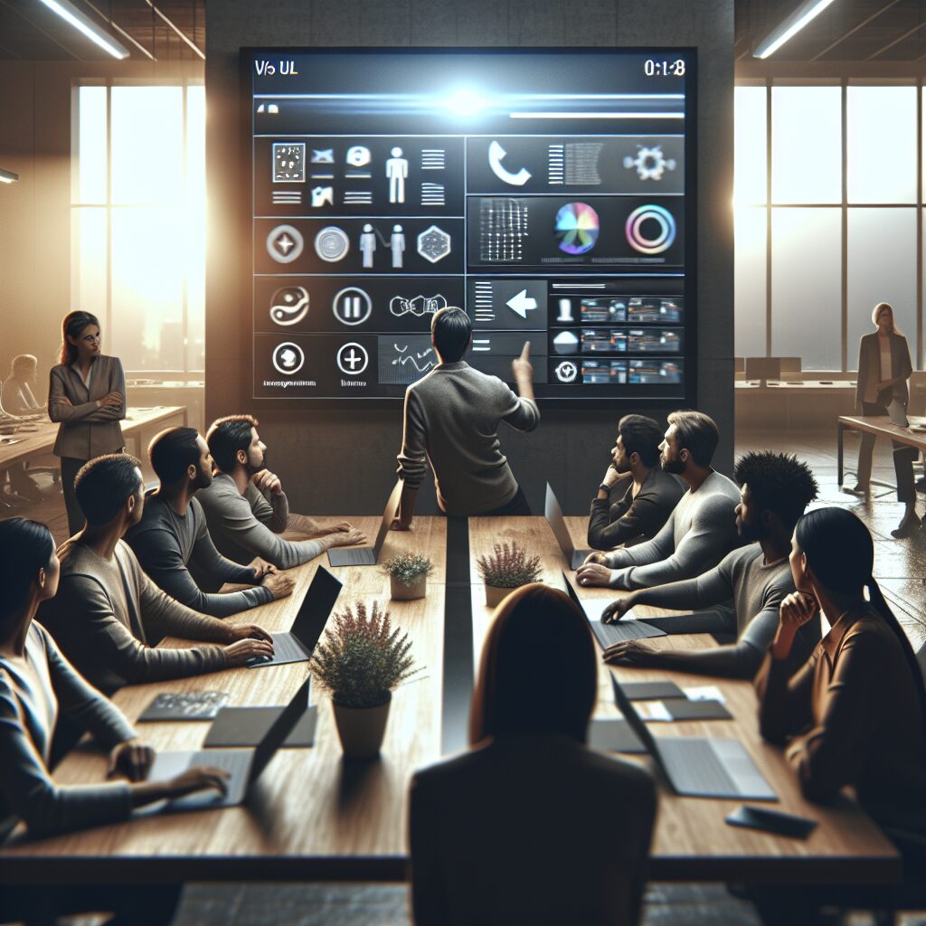 Project manager leading a website cloning demo with team using interactive tools and multilingual interface displayed on a large screen.