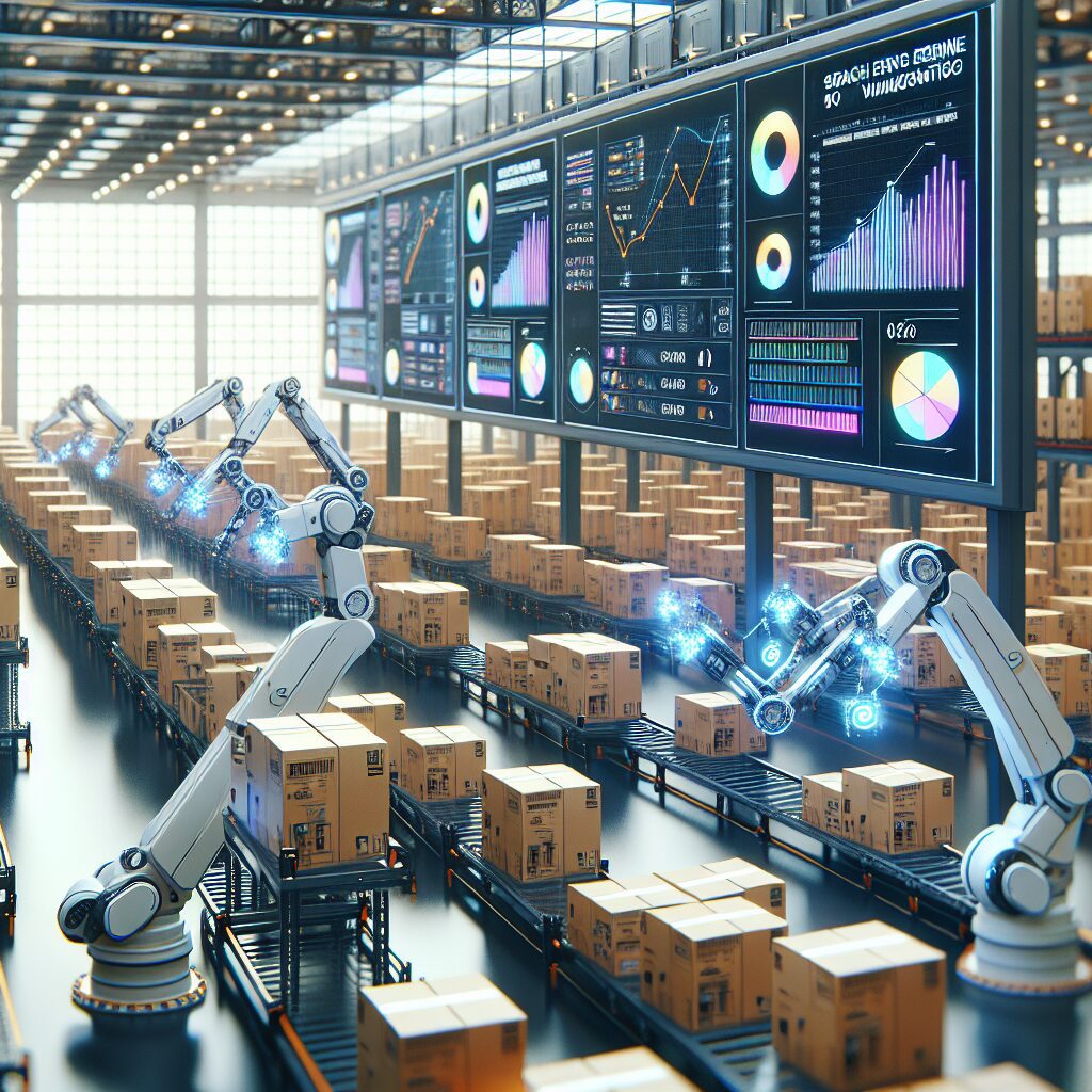 Robotic arms apply SEO tags to product boxes in a modern ecommerce warehouse with digital dashboards in the background.