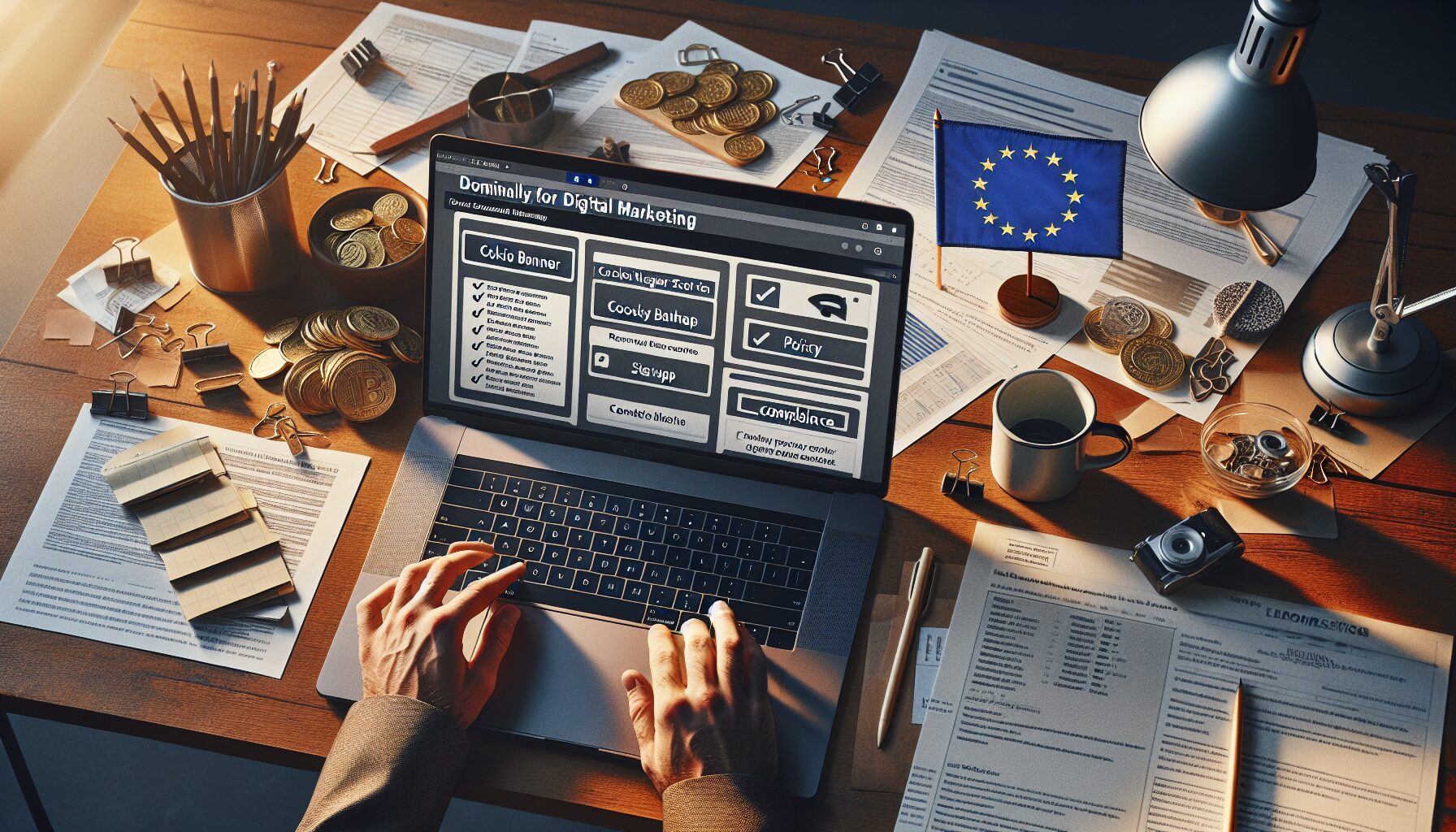 Workspace layout with EU compliance tools and checklists for website and ecommerce legal preparation.