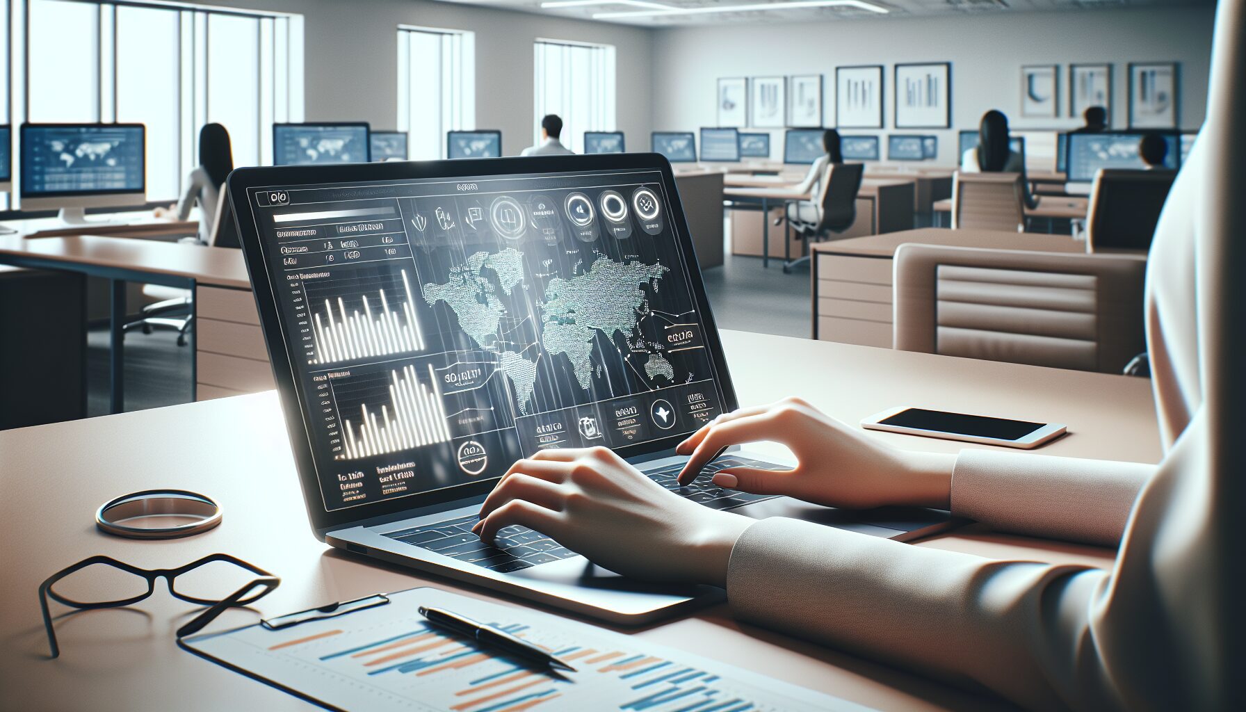 Laptop with international SEO automation dashboard and multilingual keyword tracking in bright office.