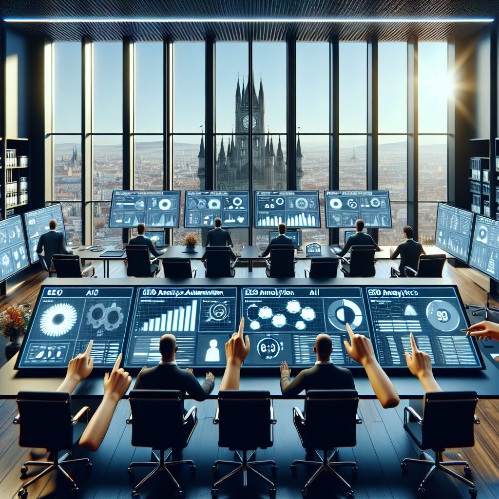 Team reviewing SEO analytics dashboards and AI automation tools showing SEO agency alternatives in a European setting.