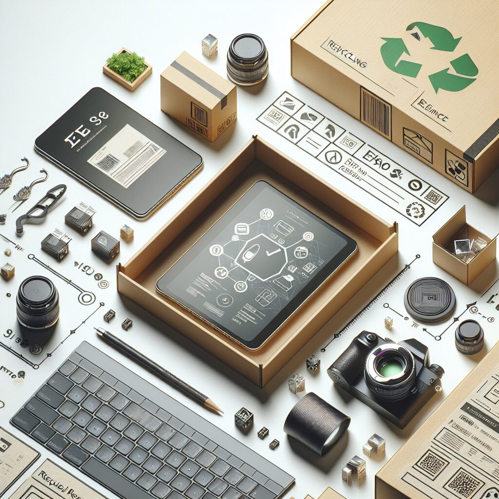 Illustration showing packaging compliance and WEEE regulation symbols with global product packaging and electronics in EU context.