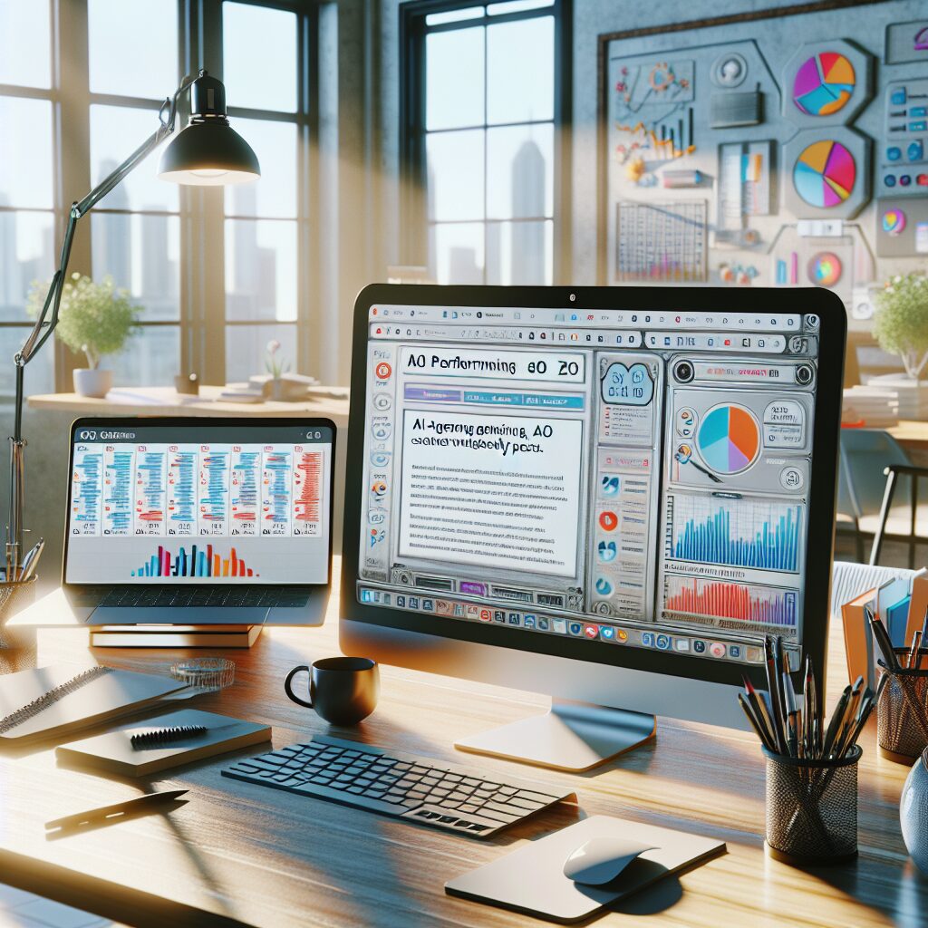 Desk view showing tools used to automate SEO blog posts weekly, including blog editor, keyword calendars, and performance graphs.