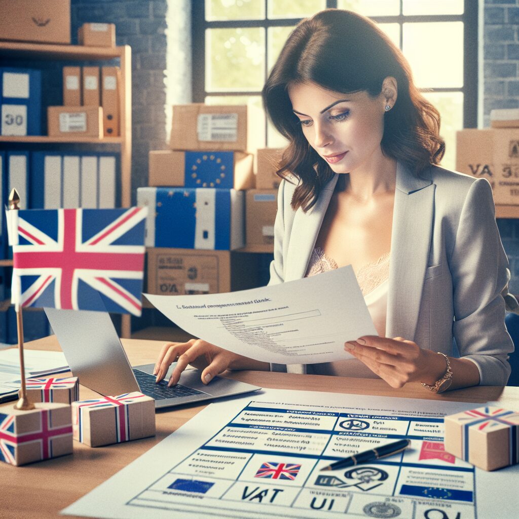 UK seller working on EU compliance documentation for exports post-Brexit, showing certification, VAT, and customs essentials.