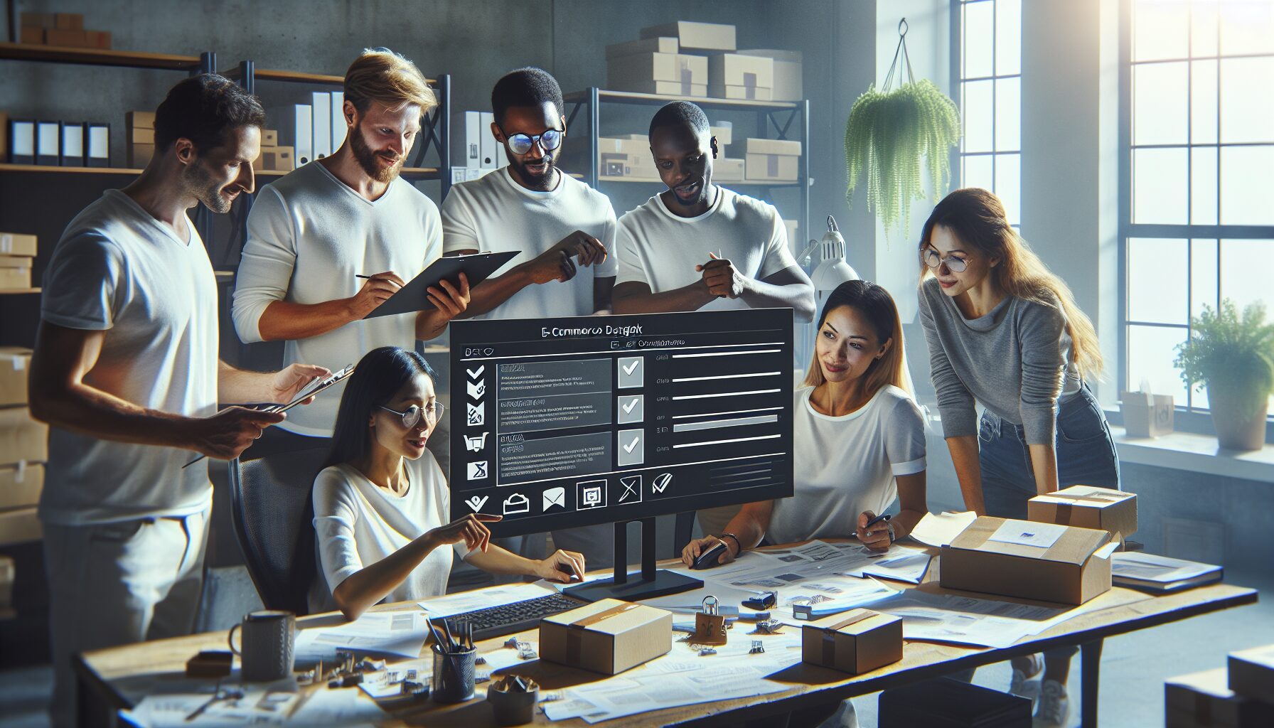 Team of e-commerce professionals reviewing compliance dashboard for German EPR laws.