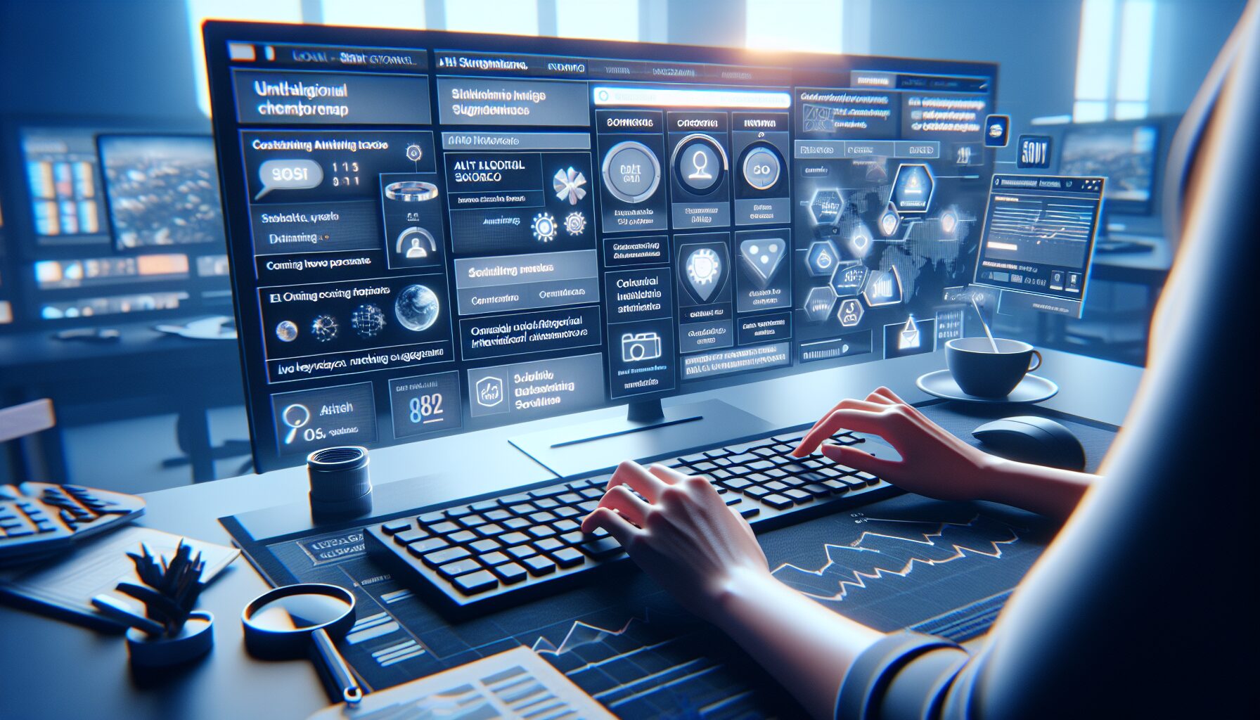 Hands using multilingual AI SEO tools on an ecommerce dashboard with rankings and localisation features.