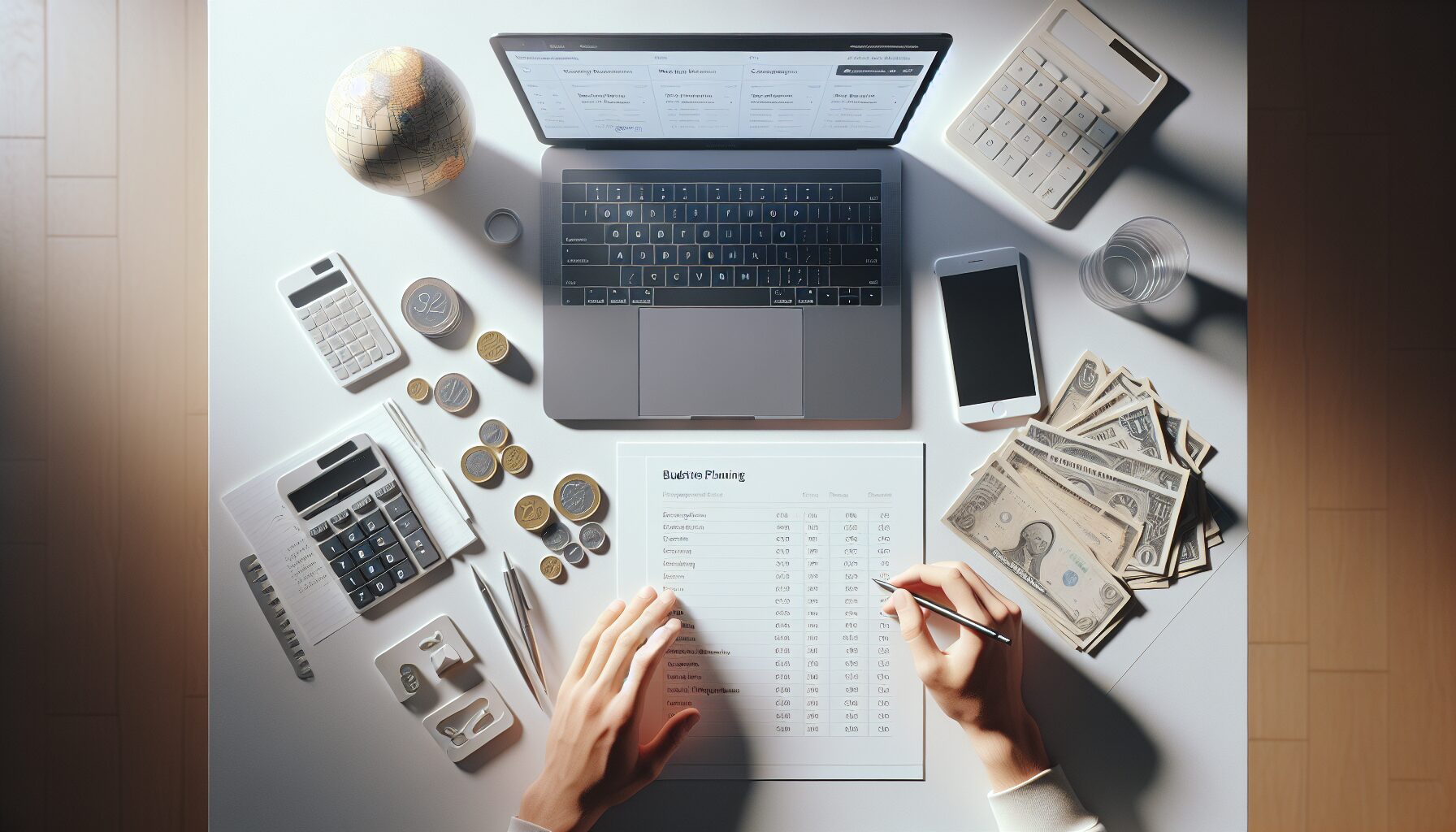 Hands working on multilingual website budget planner surrounded by global currency symbols and localisation documents.