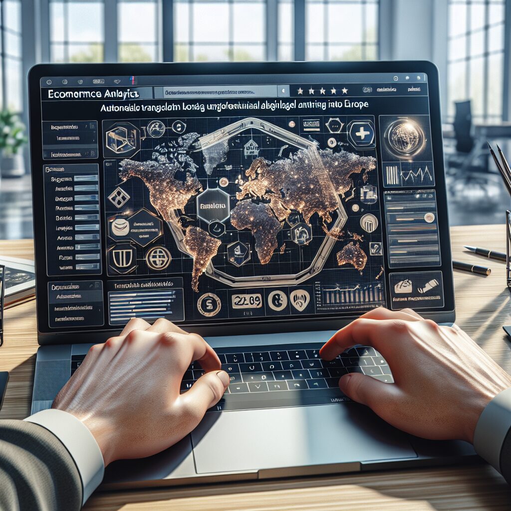 Laptop showing ecommerce dashboard with translations for EU countries, highlighting ecommerce site translation with AI and compliance icons.