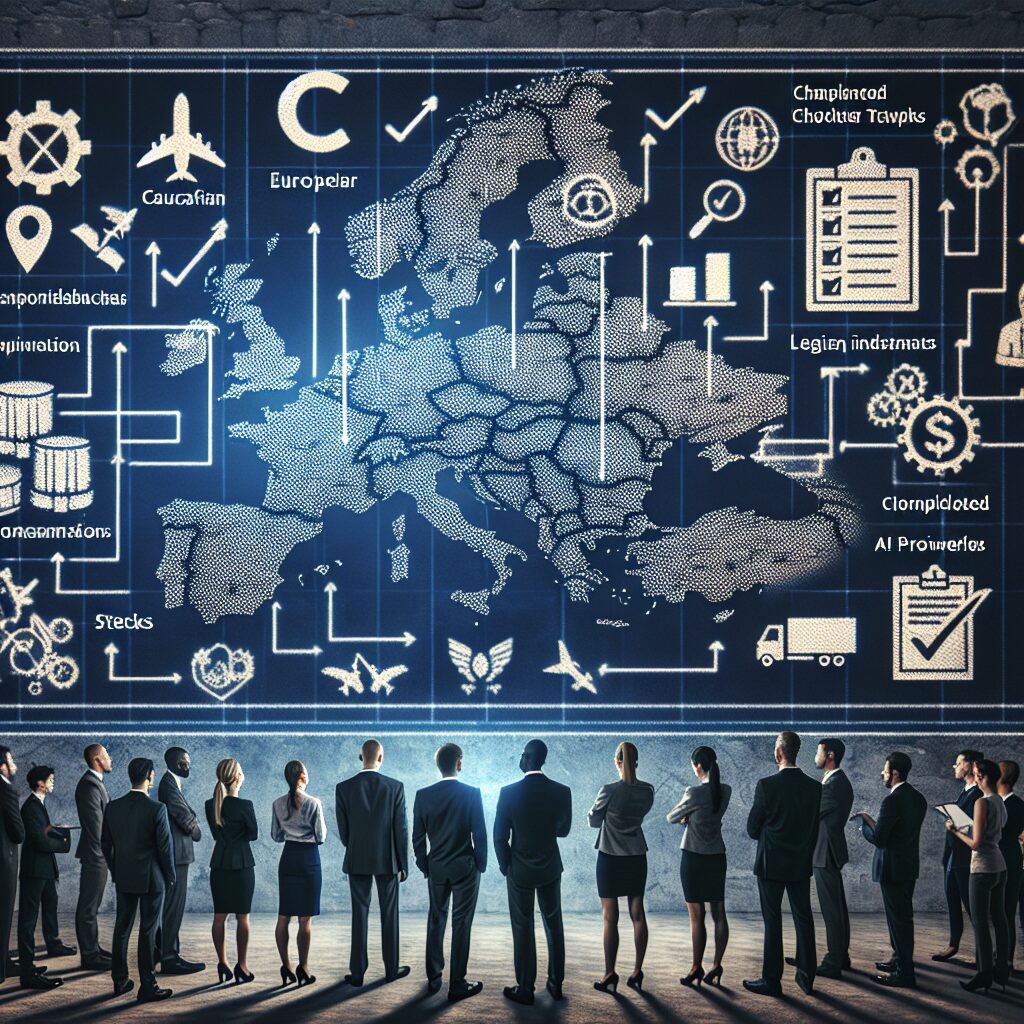 Illustration of professionals reviewing EU export compliance steps to avoid EPR fines, with automation and legal icons overlayed on a European map.