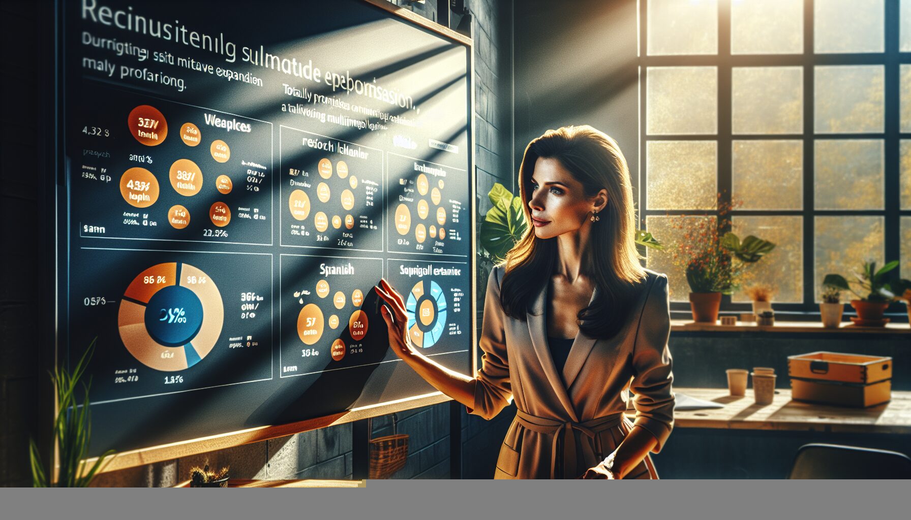 Ecommerce manager exploring EU market metrics next to multilingual product listings in different European languages.