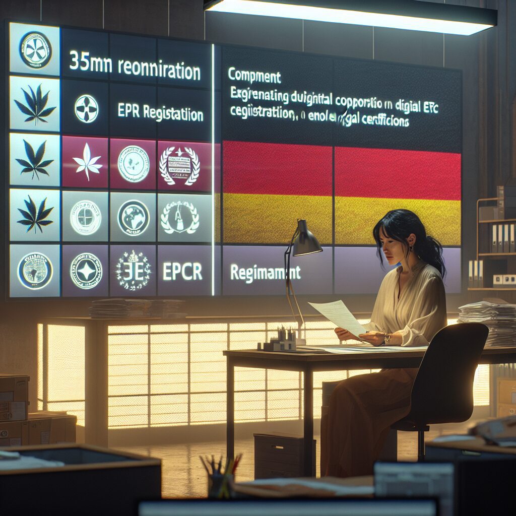 Illustration of a DTC brand achieving EPR compliance in Germany with digital documentation and eco-packaging visuals.