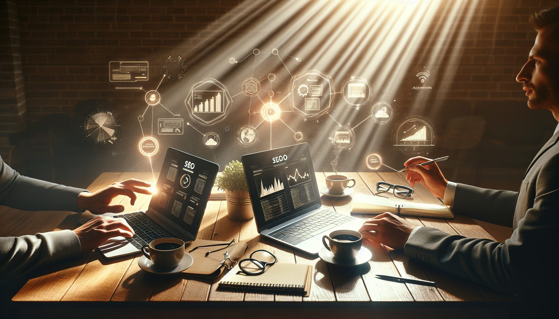Freelancers collaborating on SEO agency alternatives at a coworking table with SEO tools and keyword graphs visible.