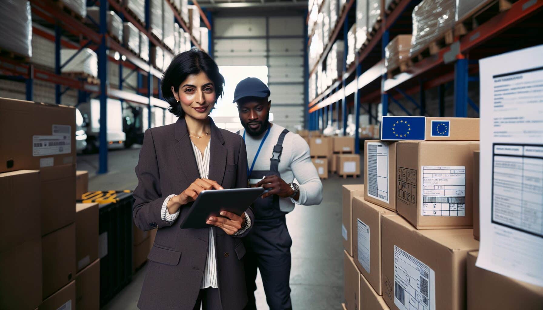 Small UK business reviewing EU export process in a warehouse with labeled parcels and compliance checklist.