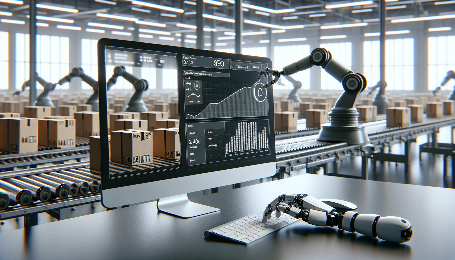 User hand adjusts SEO automation dashboard while robotic arms organize product boxes in a smart ecommerce ops center.