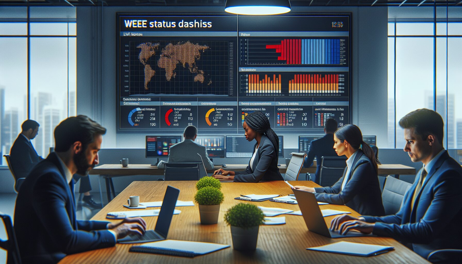 Compliance officer monitors multi-country WEEE registration dashboard with real-time updates and legal indicators.