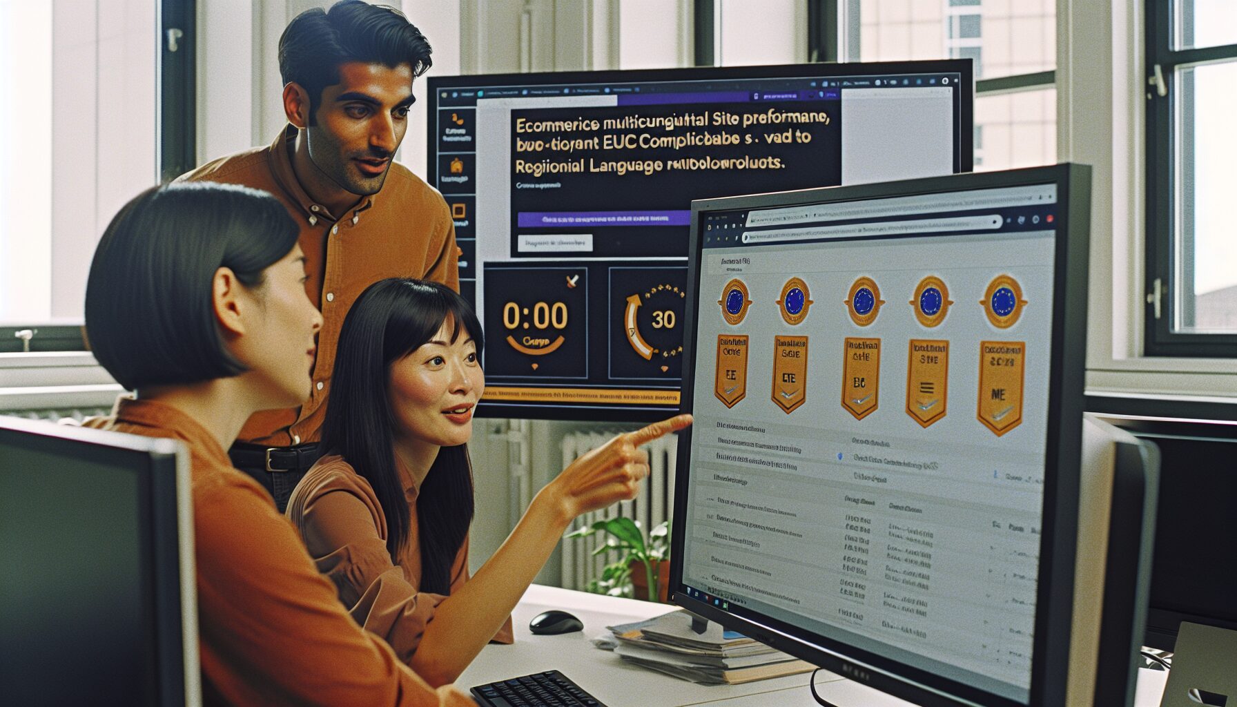 Team reviewing multilingual website performance metrics and EU rollout map in modern workspace.